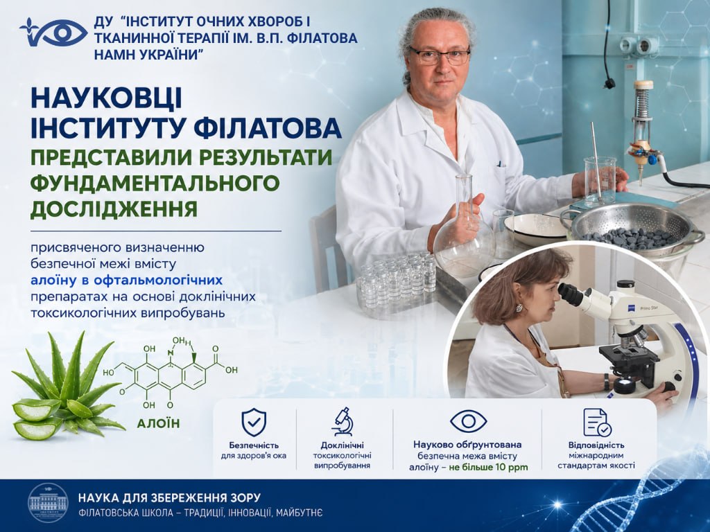 Фундаментальні дослідження інституту Філатова: науково обґрунтовано безпечну межу вмісту алоїну в офтальмологічних препаратах